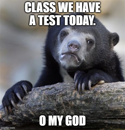 Confession Bear | CLASS WE HAVE A TEST TODAY. O MY GOD | image tagged in memes,confession bear | made w/ Imgflip meme maker