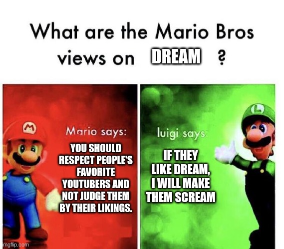 dre*m | DREAM; YOU SHOULD RESPECT PEOPLE'S FAVORITE YOUTUBERS AND NOT JUDGE THEM BY THEIR LIKINGS. IF THEY LIKE DREAM, I WILL MAKE THEM SCREAM | image tagged in mario bros views | made w/ Imgflip meme maker