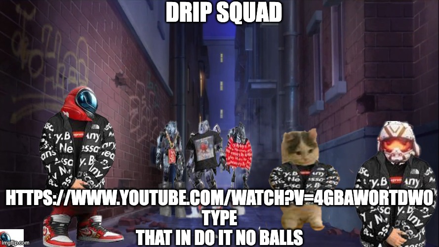 alleyway | DRIP SQUAD; HTTPS://WWW.YOUTUBE.COM/WATCH?V=4GBAWORTDW0 TYPE THAT IN DO IT NO BALLS | image tagged in alleyway | made w/ Imgflip meme maker