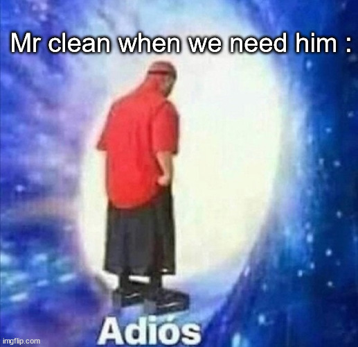Adios | Mr clean when we need him : | image tagged in adios | made w/ Imgflip meme maker