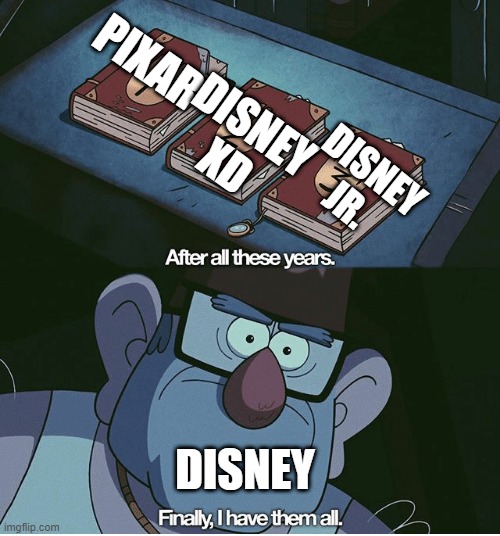 Anyone else notice this? | PIXAR; DISNEY XD; DISNEY JR. DISNEY | image tagged in finally i have them all | made w/ Imgflip meme maker