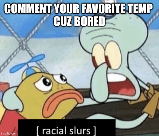 COMMENT YOUR FAVORITE TEMP 
CUZ BORED | image tagged in racial slurs | made w/ Imgflip meme maker