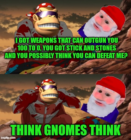 war crimes | I GOT WEAPONS THAT CAN OUTGUN YOU 100 TO 0, YOU GOT STICK AND STONES AND YOU POSSIBLY THINK YOU CAN DEFEAT ME? THINK GNOMES THINK | image tagged in invincible think mark think,war crimes,gnomes,surlykong | made w/ Imgflip meme maker