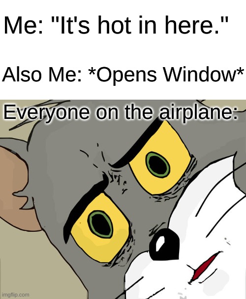 IQ = -69 | Me: "It's hot in here."; Also Me: *Opens Window*; Everyone on the airplane: | image tagged in memes,unsettled tom,funny,oh wow are you actually reading these tags,barney will eat all of your delectable biscuits | made w/ Imgflip meme maker