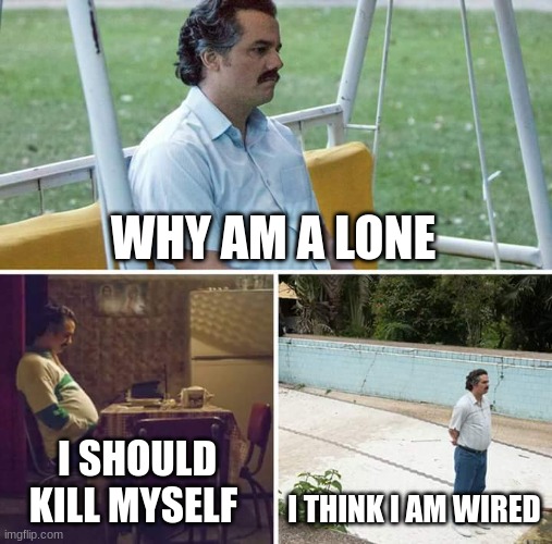 yes i should | WHY AM A LONE; I SHOULD KILL MYSELF; I THINK I AM WIRED | image tagged in memes,sad pablo escobar | made w/ Imgflip meme maker