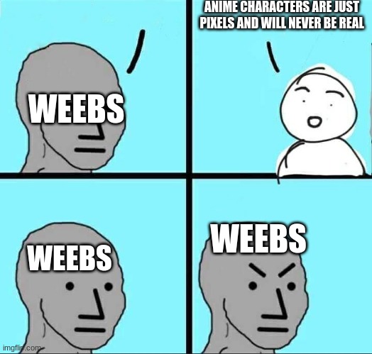 NPC Meme | ANIME CHARACTERS ARE JUST PIXELS AND WILL NEVER BE REAL; WEEBS; WEEBS; WEEBS | image tagged in npc meme | made w/ Imgflip meme maker