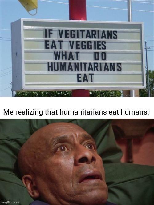 Humanitarians | Me realizing that humanitarians eat humans: | image tagged in bedtime realizations,vegetarians,reposts,repost,humanitarian,memes | made w/ Imgflip meme maker