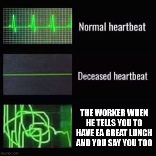 XD | THE WORKER WHEN HE TELLS YOU TO HAVE EA GREAT LUNCH AND YOU SAY YOU TOO | image tagged in heartbeat rate | made w/ Imgflip meme maker