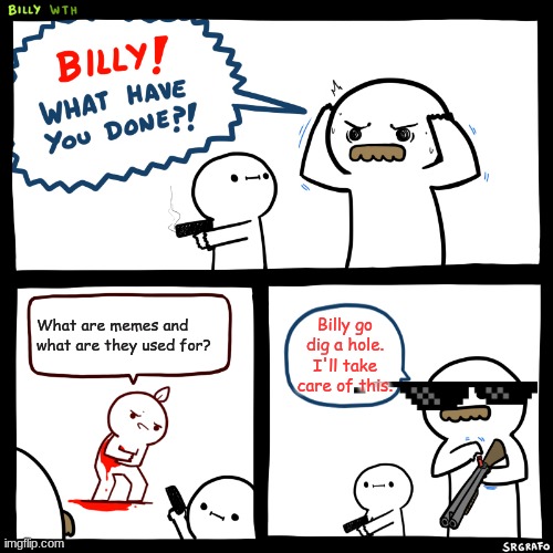I'll deal with this | What are memes and what are they used for? Billy go dig a hole. I'll take care of this. | image tagged in billy what have you done | made w/ Imgflip meme maker