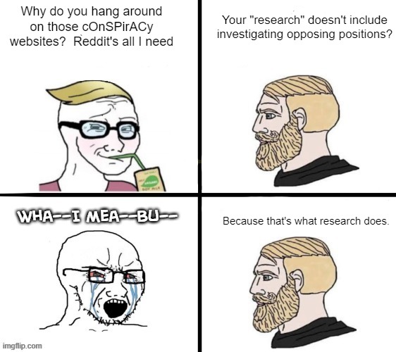 lalala I can't hear you | Why do you hang around on those cOnSPirACy websites?  Reddit's all I need; Your "research" doesn't include investigating opposing positions? Because that's what research does. Wha--I mea--bu-- | made w/ Imgflip meme maker