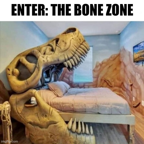 *Jurassic Park Theme Intensifies* | ENTER: THE BONE ZONE | image tagged in t-rex bed,trex,t-rex,dinosaur,jurassic park,memes | made w/ Imgflip meme maker