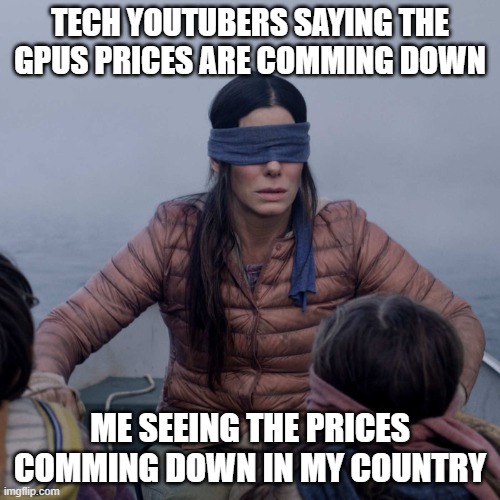 See no price drop... | TECH YOUTUBERS SAYING THE GPUS PRICES ARE COMMING DOWN; ME SEEING THE PRICES COMMING DOWN IN MY COUNTRY | image tagged in bird box,gpu,pc gaming,pc | made w/ Imgflip meme maker