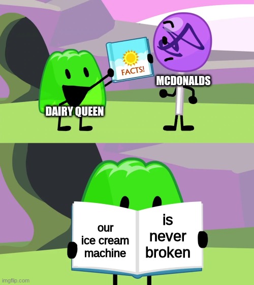 the ultimate battle between dairy queen and mcdonalds be like... |  MCDONALDS; DAIRY QUEEN; is never broken; our ice cream machine | image tagged in gelatin's book of facts,dairy queen,mcdonalds,ice cream machine | made w/ Imgflip meme maker