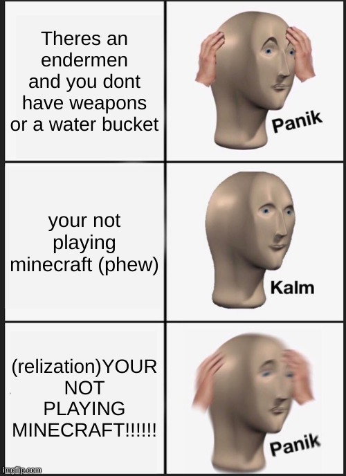 Panik Kalm Panik | Theres an endermen and you dont have weapons or a water bucket; your not playing minecraft (phew); (relization)YOUR NOT PLAYING MINECRAFT!!!!!! | image tagged in memes,panik kalm panik | made w/ Imgflip meme maker