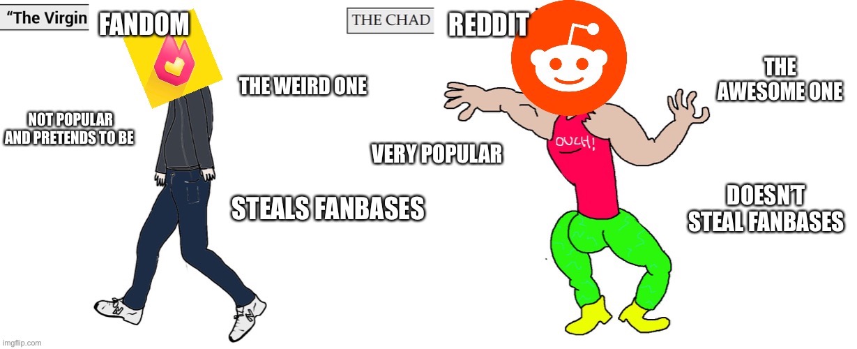 Reddit vs fandom | image tagged in reddit,fandom,virgin vs chad,website | made w/ Imgflip meme maker