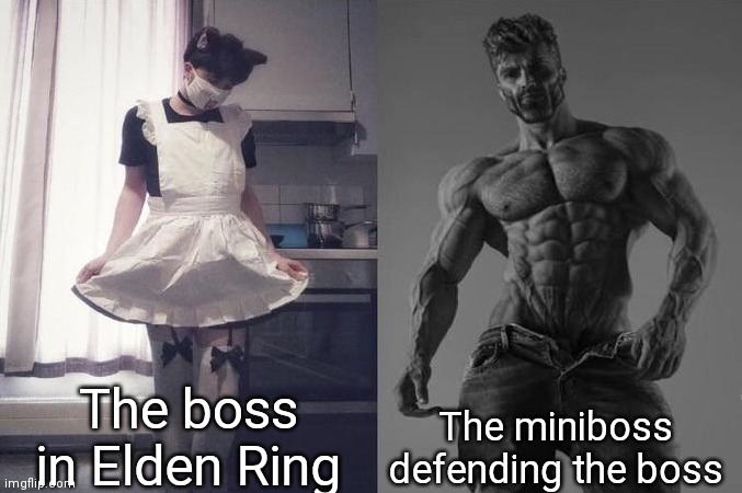 Like bruh | The boss in Elden Ring; The miniboss defending the boss | image tagged in strongest fan vs weakest fan | made w/ Imgflip meme maker