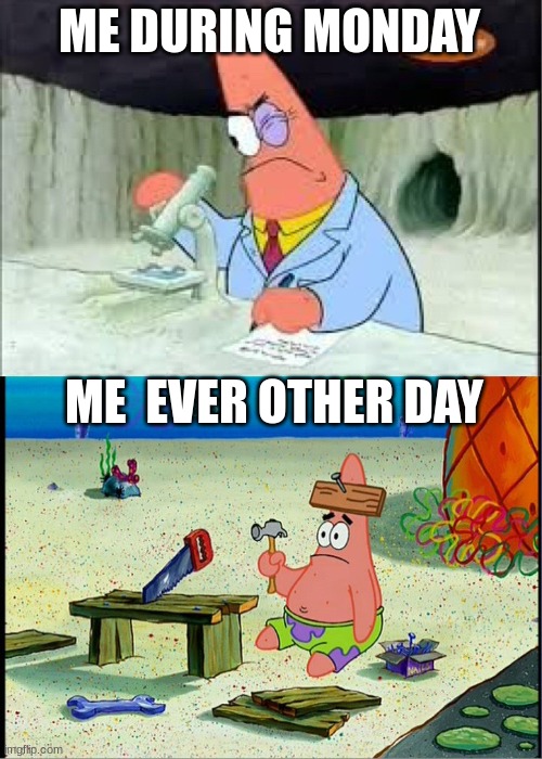 PAtrick, Smart Dumb | ME DURING MONDAY ME  EVER OTHER DAY | image tagged in patrick smart dumb | made w/ Imgflip meme maker