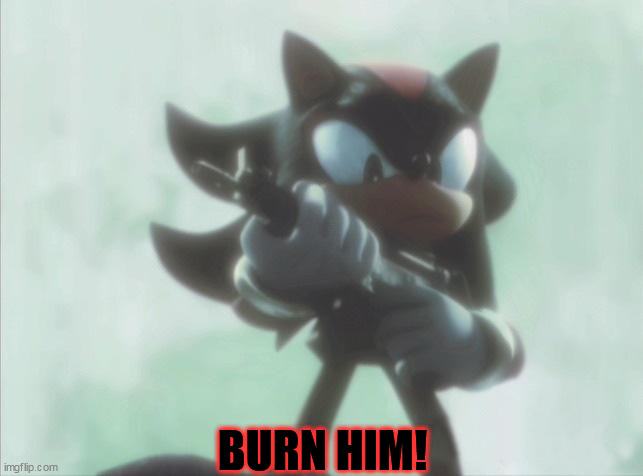 Shadow with an SMG | BURN HIM! | image tagged in shadow with an smg | made w/ Imgflip meme maker