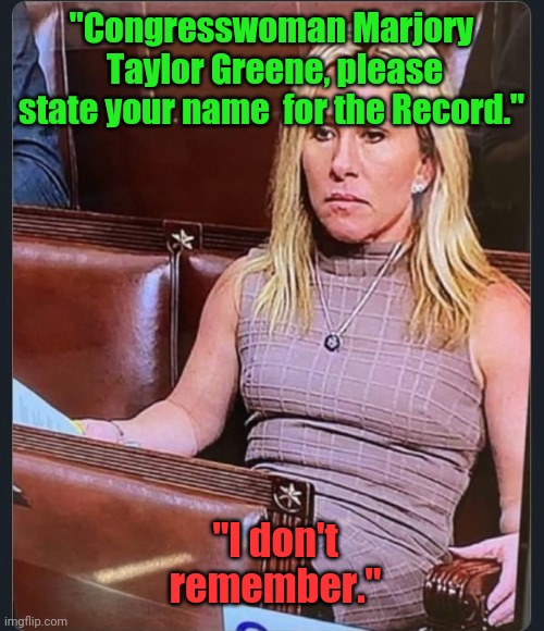 Mtg | "Congresswoman Marjory  Taylor Greene, please state your name  for the Record."; "I don't  remember." | image tagged in mtg | made w/ Imgflip meme maker