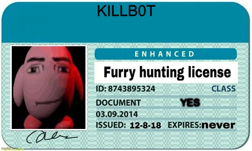 my hunting license ready to kill | KILLB0T; YES | image tagged in furry hunting license | made w/ Imgflip meme maker