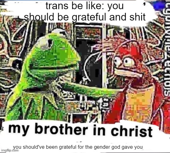 My brother in Christ | trans be like: you should be grateful and shit; you should've been grateful for the gender god gave you | image tagged in my brother in christ | made w/ Imgflip meme maker