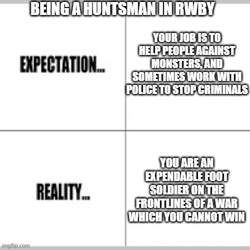 Expectation vs Reality | BEING A HUNTSMAN IN RWBY; YOUR JOB IS TO HELP PEOPLE AGAINST MONSTERS, AND SOMETIMES WORK WITH POLICE TO STOP CRIMINALS; YOU ARE AN EXPENDABLE FOOT SOLDIER ON THE FRONTLINES OF A WAR WHICH YOU CANNOT WIN | image tagged in expectation vs reality | made w/ Imgflip meme maker