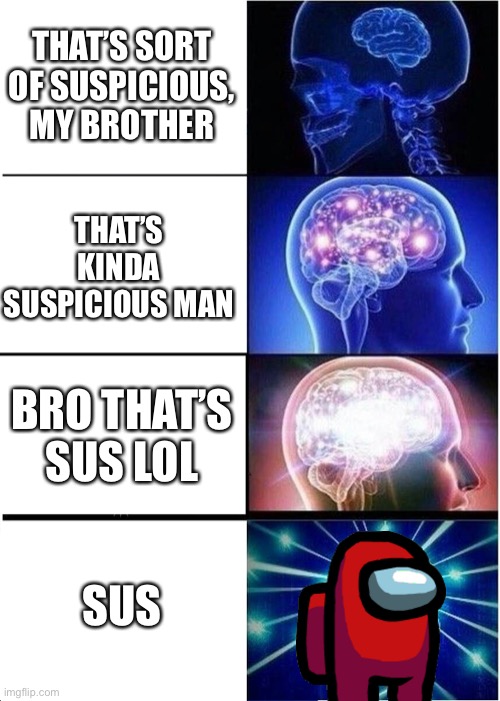 Sus | THAT’S SORT OF SUSPICIOUS, MY BROTHER; THAT’S KINDA SUSPICIOUS MAN; BRO THAT’S SUS LOL; SUS | image tagged in memes,expanding brain | made w/ Imgflip meme maker