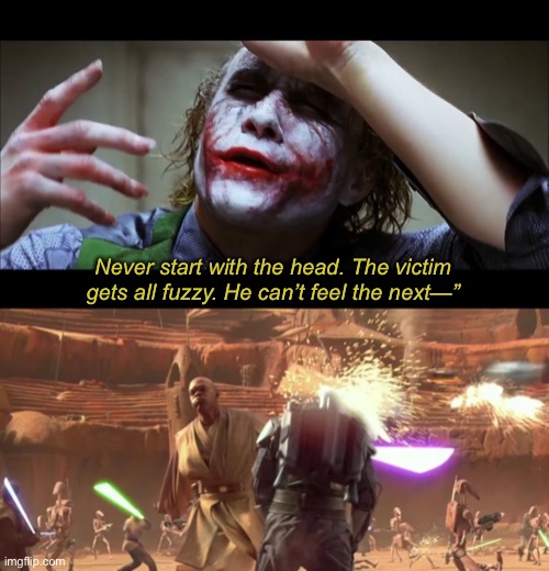 Never start with the head. The victim gets all fuzzy. He can’t feel the next—” | image tagged in never start with the head | made w/ Imgflip meme maker
