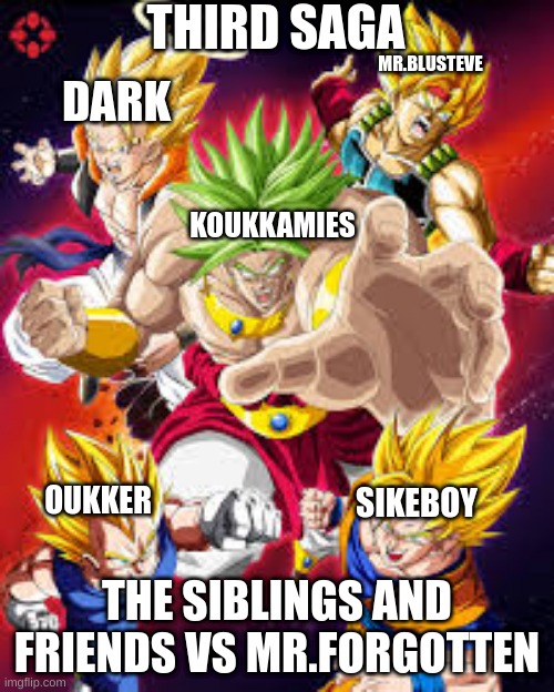 THIRD SAGA; MR.BLUSTEVE; DARK; KOUKKAMIES; OUKKER; SIKEBOY; THE SIBLINGS AND FRIENDS VS MR.FORGOTTEN | made w/ Imgflip meme maker