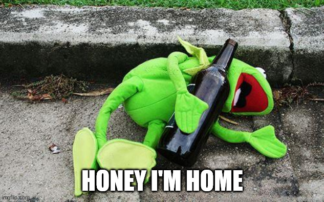 Drunk Kermit | HONEY I'M HOME | image tagged in drunk kermit | made w/ Imgflip meme maker