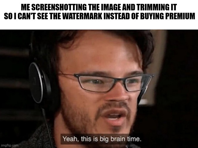 Big Brain Time | ME SCREENSHOTTING THE IMAGE AND TRIMMING IT  SO I CAN'T SEE THE WATERMARK INSTEAD OF BUYING PREMIUM | image tagged in big brain time | made w/ Imgflip meme maker