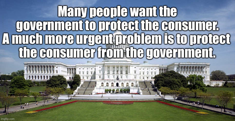 The consumer | Many people want the government to protect the consumer.
A much more urgent problem is to protect 
the consumer from the government. | image tagged in u s government,protect,consumer,people | made w/ Imgflip meme maker