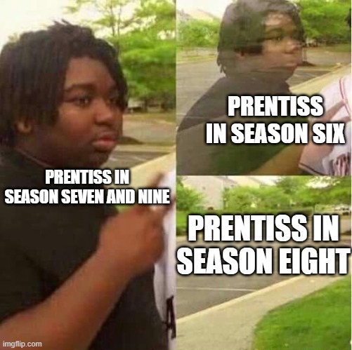 disappearing  | PRENTISS IN SEASON SIX; PRENTISS IN SEASON SEVEN AND NINE; PRENTISS IN SEASON EIGHT | image tagged in disappearing | made w/ Imgflip meme maker