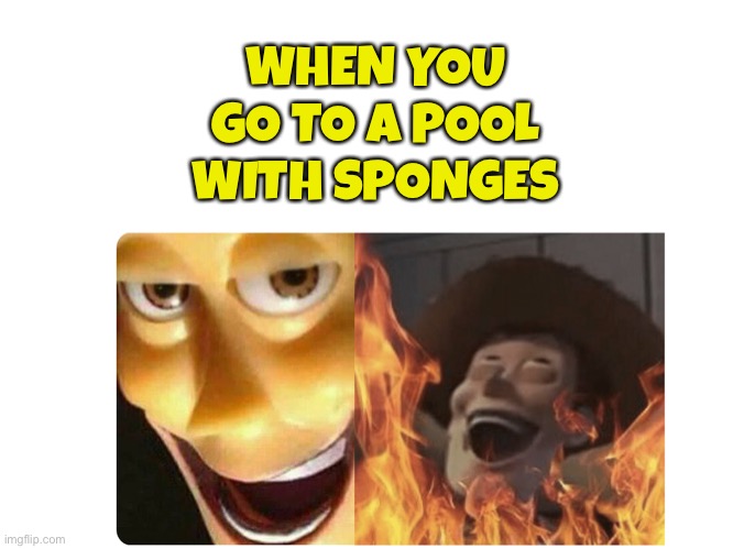 Soak up the water | WHEN YOU GO TO A POOL WITH SPONGES | image tagged in satanic woody,pool,sponges,funny,memes | made w/ Imgflip meme maker