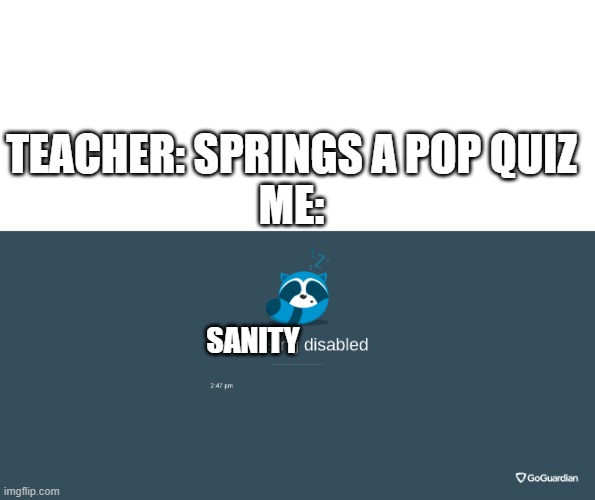 hehe sanity sanity go boom |  TEACHER: SPRINGS A POP QUIZ
ME:; SANITY | image tagged in goguardian browsing disabled,tests,pop quiz,school | made w/ Imgflip meme maker