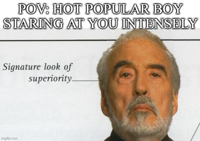 Count Dooku Signature look of superiority | POV: HOT POPULAR BOY STARING AT YOU INTENSELY | image tagged in count dooku signature look of superiority | made w/ Imgflip meme maker