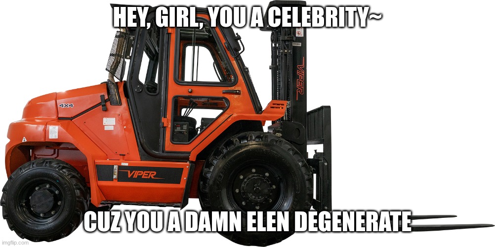 2019 Viper Rt80 8000lb Air Pneumatic Forklift Hatz Diesel Lift T | HEY, GIRL, YOU A CELEBRITY~; CUZ YOU A DAMN ELEN DEGENERATE | image tagged in 2019 viper rt80 8000lb air pneumatic forklift hatz diesel lift t | made w/ Imgflip meme maker