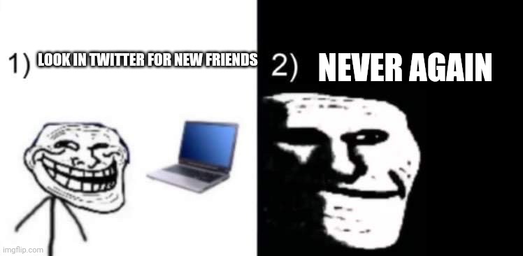 Twitter totally sucks | NEVER AGAIN; LOOK IN TWITTER FOR NEW FRIENDS | image tagged in depressed trollface,twitter | made w/ Imgflip meme maker