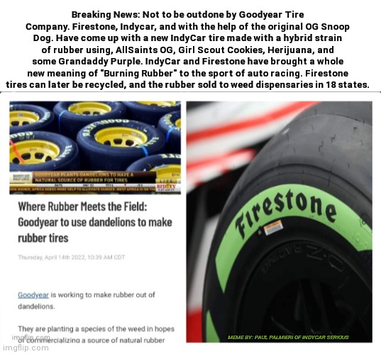 Breaking News: IndyCar and Firestone Tires | Breaking News: Not to be outdone by Goodyear Tire Company. Firestone, Indycar, and with the help of the original OG Snoop Dog. Have come up with a new IndyCar tire made with a hybrid strain of rubber using, AllSaints OG, Girl Scout Cookies, Herijuana, and some Grandaddy Purple. IndyCar and Firestone have brought a whole new meaning of "Burning Rubber" to the sport of auto racing. Firestone tires can later be recycled, and the rubber sold to weed dispensaries in 18 states. MEME BY: PAUL PALMIERI OF INDYCAR SERIOUS | image tagged in indycar series,indycar,indy 500,firestone,goodyear,funny memes | made w/ Imgflip meme maker