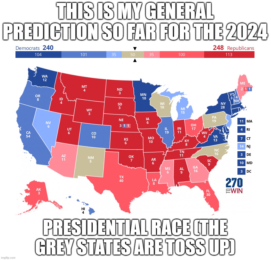 THIS IS MY GENERAL PREDICTION SO FAR FOR THE 2024; PRESIDENTIAL RACE (THE GREY STATES ARE TOSS UP) | made w/ Imgflip meme maker