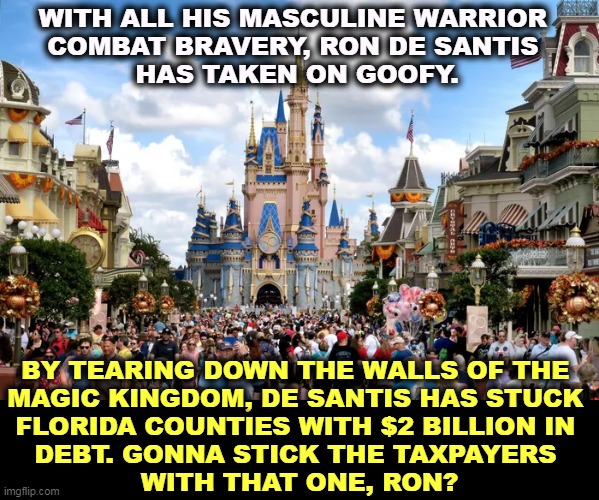 WITH ALL HIS MASCULINE WARRIOR 
COMBAT BRAVERY, RON DE SANTIS 
HAS TAKEN ON GOOFY. BY TEARING DOWN THE WALLS OF THE 
MAGIC KINGDOM, DE SANTIS HAS STUCK 

FLORIDA COUNTIES WITH $2 BILLION IN 
DEBT. GONNA STICK THE TAXPAYERS 
WITH THAT ONE, RON? | image tagged in florida,fights,disney,stupid,expensive,pointless | made w/ Imgflip meme maker