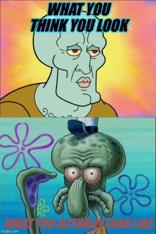 Squidward Meme | WHAT YOU THINK YOU LOOK; WHAT YOU ACTUALLY LOOK LIKE | image tagged in memes,squidward | made w/ Imgflip meme maker
