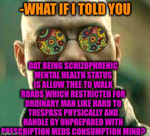 -Who are you before brains? | DAT BEING SCHIZOPHRENIC MENTAL HEALTH STATUS IS ALLOW THEE TO WALK ROADS WHICH RESTRICTED FOR ORDINARY MAN LIKE HARD TO TRESPASS PHYSICALLY AND HANDLE BY UNPREPARED WITH PRESCRIPTION MEDS CONSUMPTION MIND? -WHAT IF I TOLD YOU | image tagged in acid kicks in morpheus,gollum schizophrenia,mental illness,what if i told you,prescription,sorry folks parks closed | made w/ Imgflip meme maker