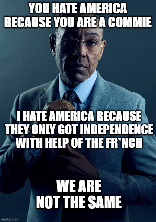 Beating the Empire I can respect. But with help from Fr*nce? Absolutely not | YOU HATE AMERICA BECAUSE YOU ARE A COMMIE; I HATE AMERICA BECAUSE THEY ONLY GOT INDEPENDENCE WITH HELP OF THE FR*NCH; WE ARE NOT THE SAME | image tagged in gus fring we are not the same | made w/ Imgflip meme maker