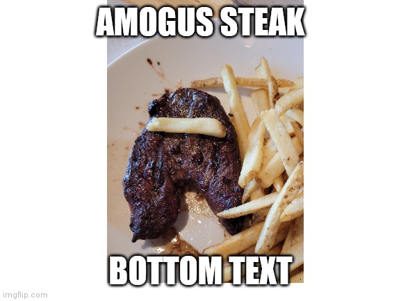 I can't take it anymore | AMOGUS STEAK; BOTTOM TEXT | image tagged in blank white template | made w/ Imgflip meme maker