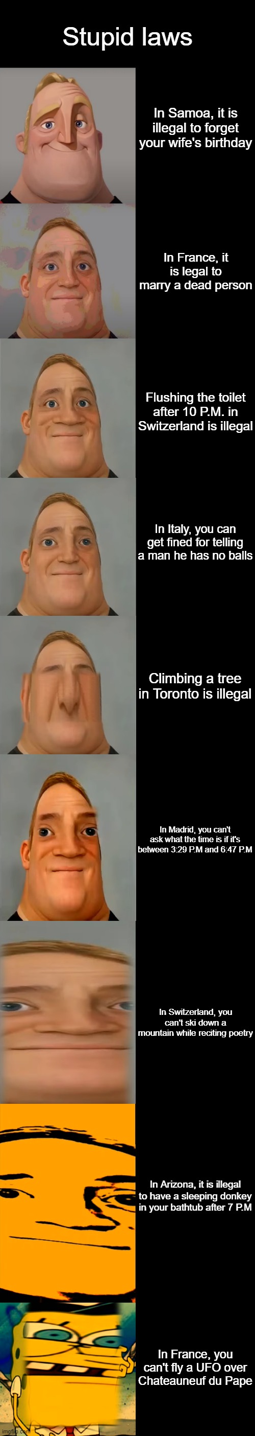 Mr Incredible becoming Idiot template | Stupid laws; In Samoa, it is illegal to forget your wife's birthday; In France, it is legal to marry a dead person; Flushing the toilet after 10 P.M. in Switzerland is illegal; In Italy, you can get fined for telling a man he has no balls; Climbing a tree in Toronto is illegal; In Madrid, you can't ask what the time is if it's between 3:29 P.M and 6:47 P.M; In Switzerland, you can't ski down a mountain while reciting poetry; In Arizona, it is illegal to have a sleeping donkey in your bathtub after 7 P.M; In France, you can't fly a UFO over Chateauneuf du Pape | image tagged in mr incredible becoming idiot template | made w/ Imgflip meme maker