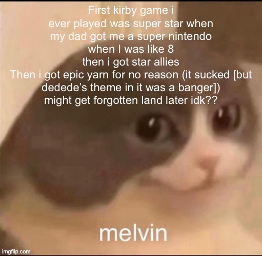 melvin | First kirby game i ever played was super star when my dad got me a super nintendo when I was like 8
then i got star allies
Then i got epic yarn for no reason (it sucked [but dedede’s theme in it was a banger])
might get forgotten land later idk?? | image tagged in melvin | made w/ Imgflip meme maker