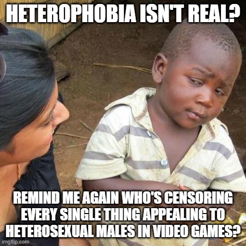 Oh Wait, They're Called Social Justice Warriors And Their Alphabet Mafia Masters |  HETEROPHOBIA ISN'T REAL? REMIND ME AGAIN WHO'S CENSORING EVERY SINGLE THING APPEALING TO
HETEROSEXUAL MALES IN VIDEO GAMES? | image tagged in memes,third world skeptical kid,straight,phobia,sjw,social justice warrior | made w/ Imgflip meme maker