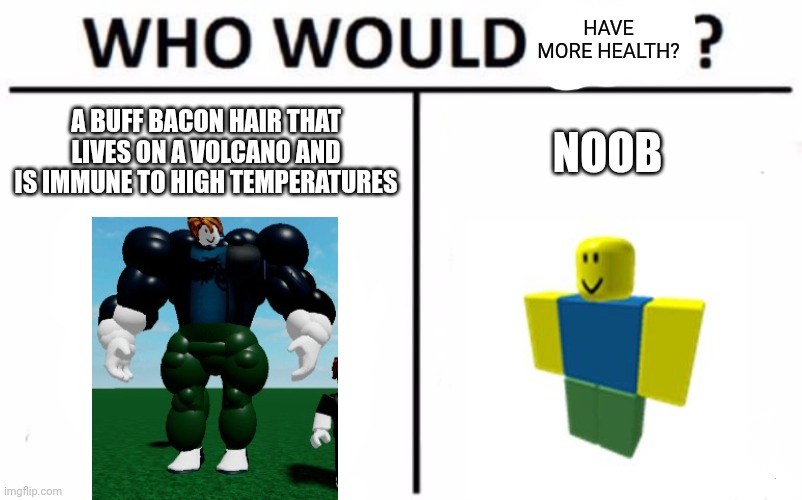 Mega noob simulator | HAVE MORE HEALTH? A BUFF BACON HAIR THAT LIVES ON A VOLCANO AND IS IMMUNE TO HIGH TEMPERATURES; NOOB | image tagged in memes,who would win,mega noob simulator,roblox | made w/ Imgflip meme maker