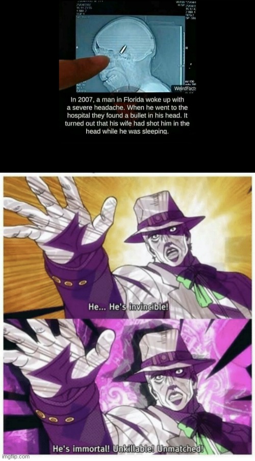 Nani?! | image tagged in he s invincible,anime meme,jojo's bizarre adventure,florida man,oh wow are you actually reading these tags,stop reading the tags | made w/ Imgflip meme maker